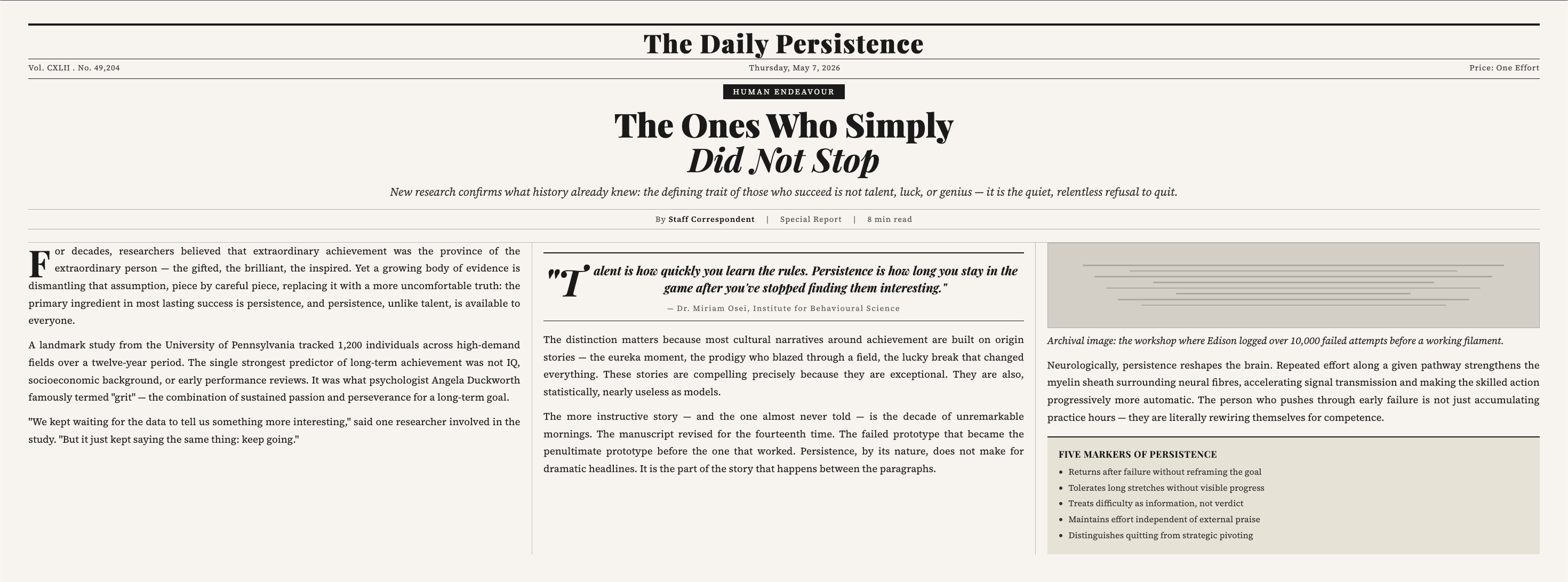 AI-generated image of newspaper article about persistence